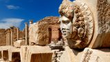 Libya, Tripoli, Leptis Magna, Murqub District, Khoms, Severan Forum, Close-up of Medusa, Roman archaeological site Unesco World Heritage Site